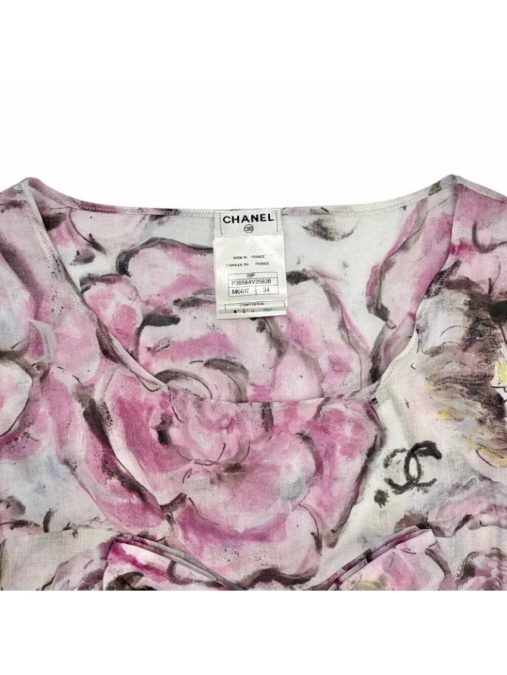 Chanel Cotton 100% CC Logo Camellia Print with Ribbon Dress 34